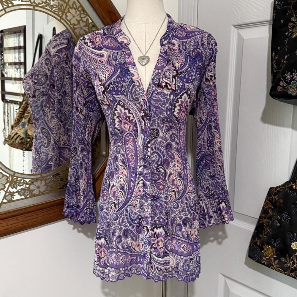 Y2K Belissimo Purple Pink & Multicolor Paisley Crinkle Mid Sleeve Button Up Top